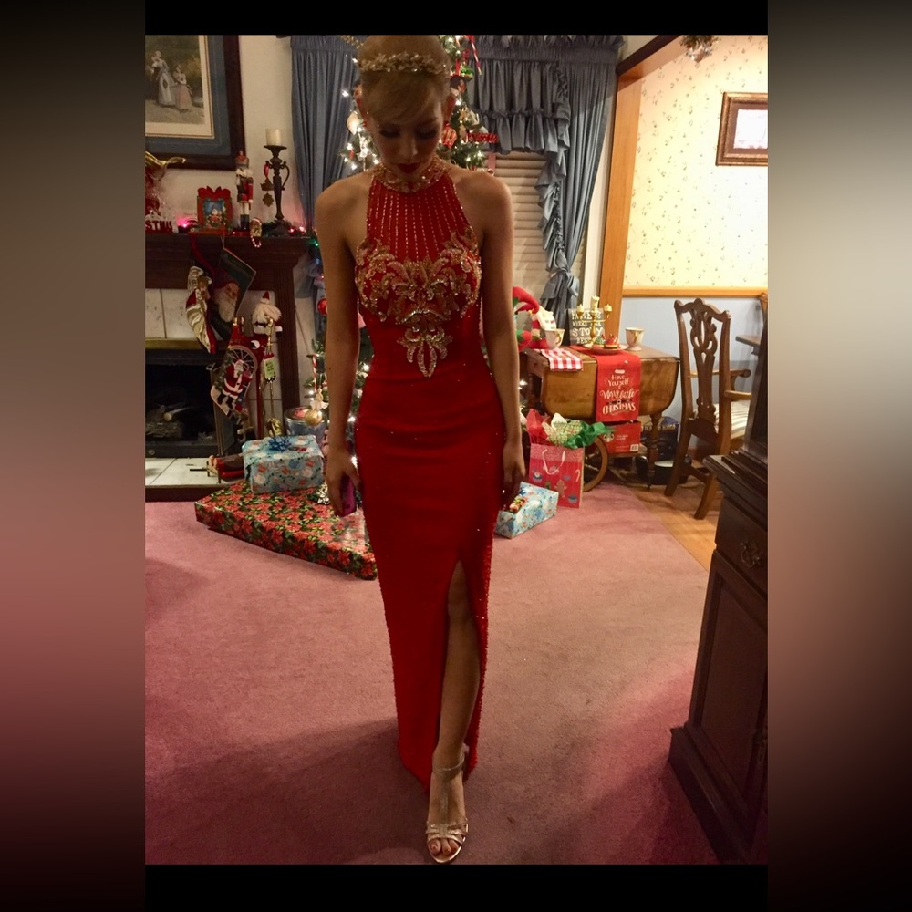 Red/Gold beaded formal long dress size 4